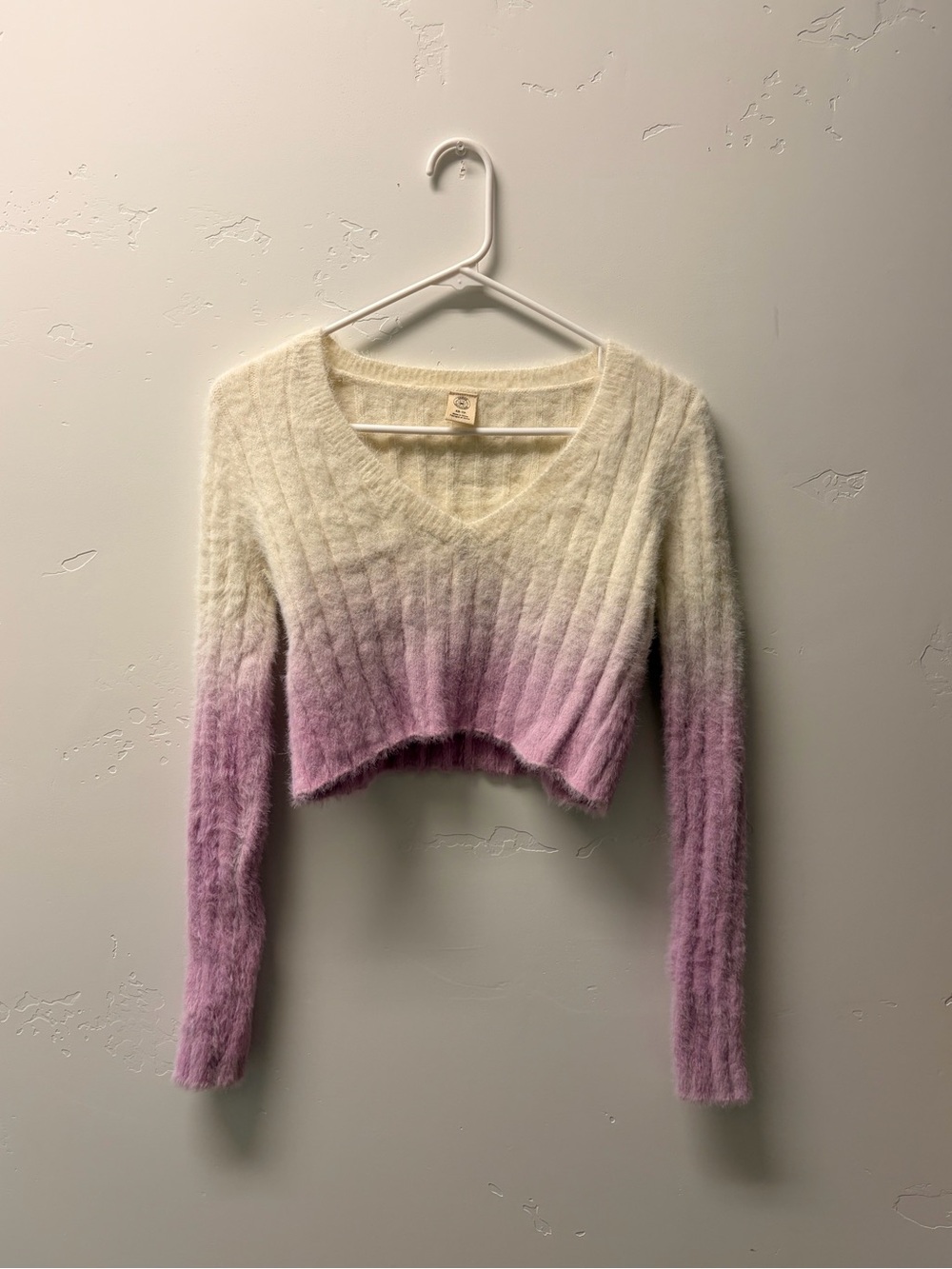 Urban Outfitters Cream to Lavender Ombre Cropped V-Neck Sweater